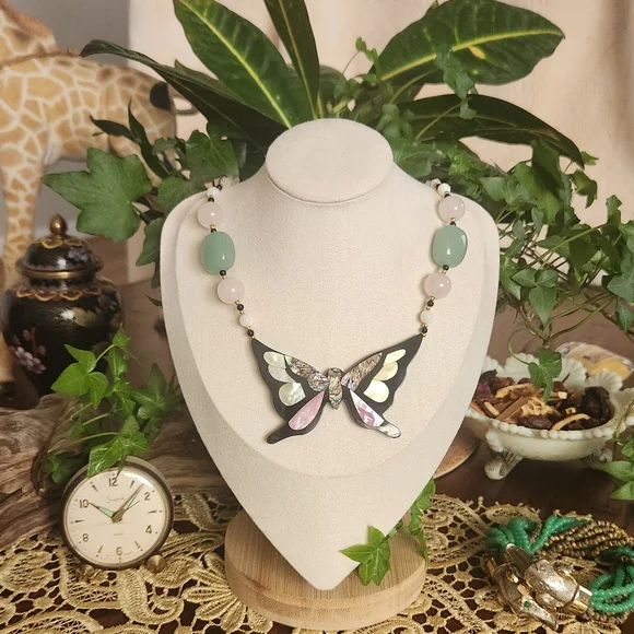 Lee Sands Vintage Inlay Elegant Butterfly Necklace with Pink and Green Accents - Picture 1 of 10